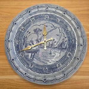 Rare Vtg Gebruder Plein‎ Analog Stoneware Plate Clock Fisherman Scene Blue Gray